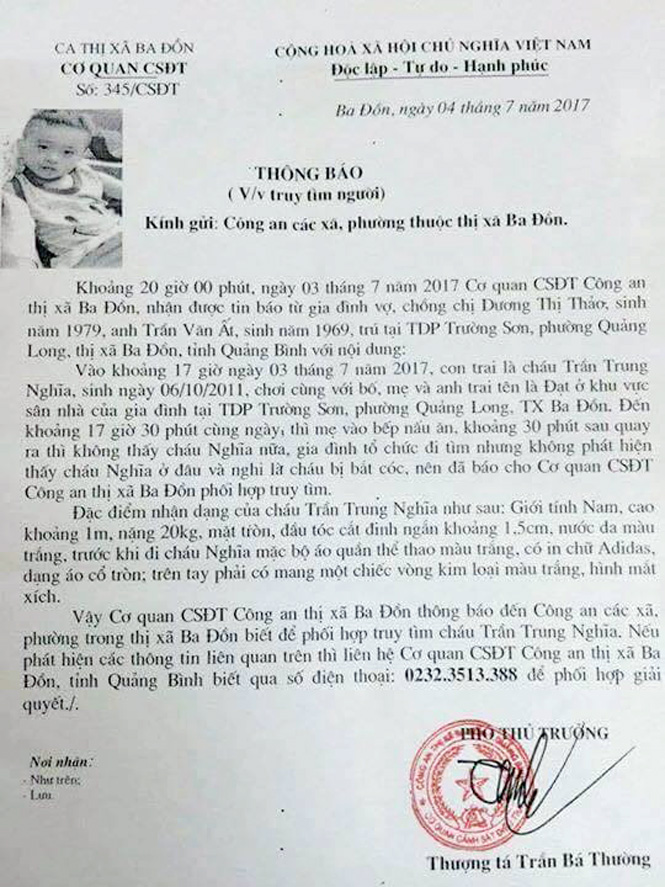 Quảng Bình: Đang chơi ngoài sân nhà, bé trai 6 tuổi mất tích