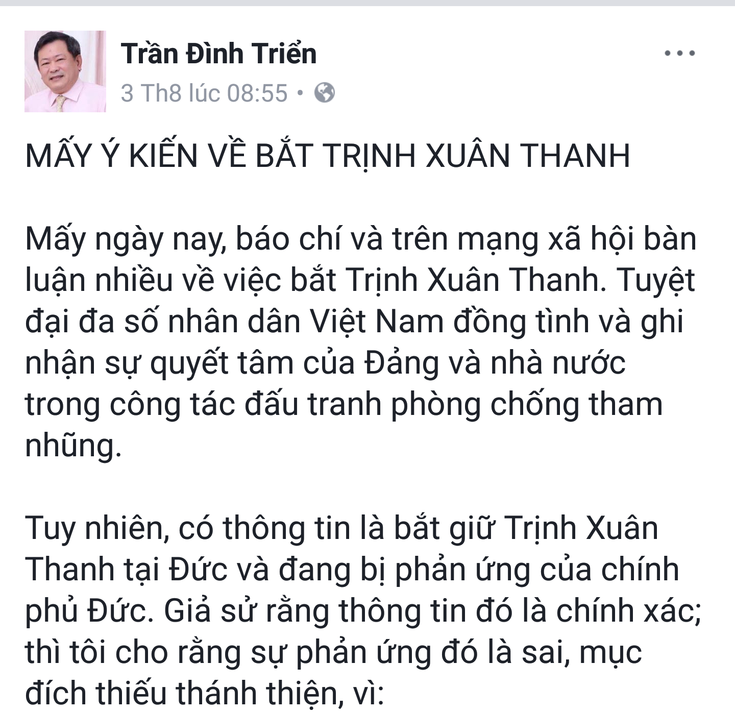 Mấy ý kiến về việc bắt Trịnh Xuân Thanh của tiến sỹ, luật sư Trần Đình Triển.