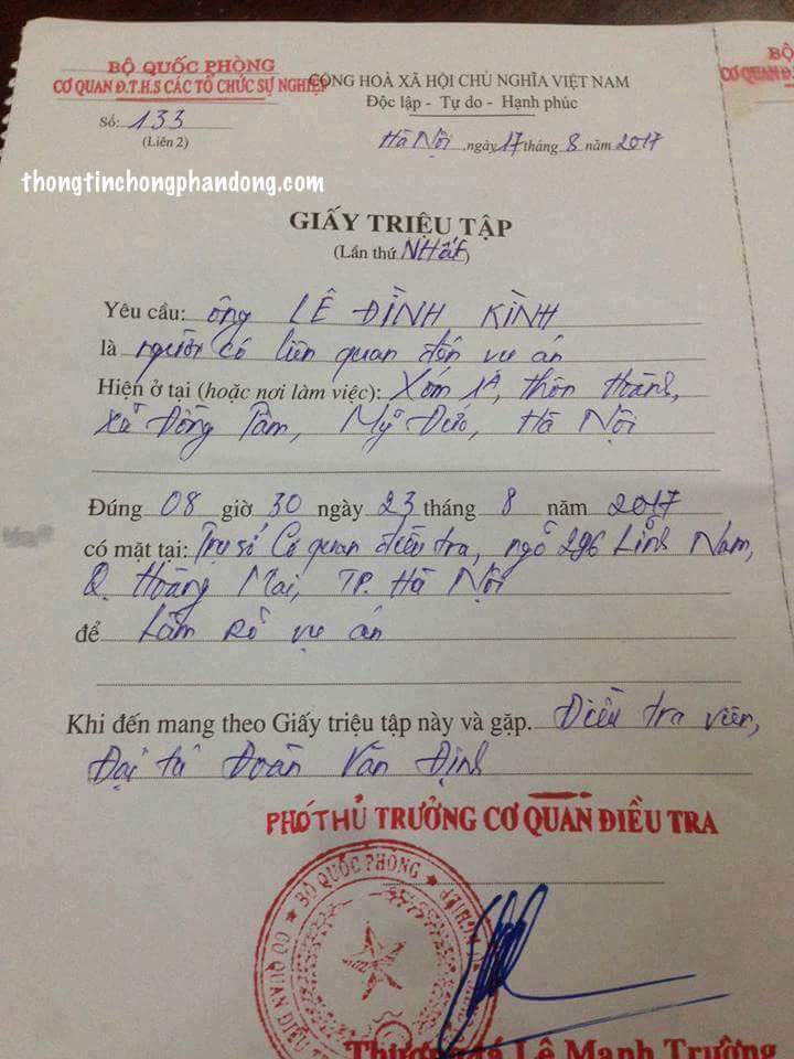 Cơ quan điều tra Bộ Quốc phòng triệu tập ông Lê Đình Kình