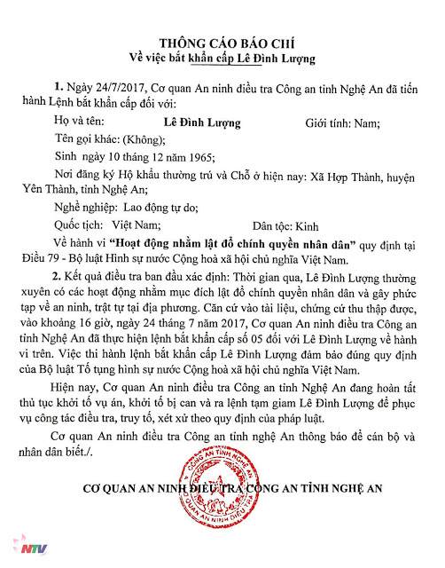 Về vụ việc người nhà tên phản động Lê Đình Lượng kéo đến Trụ sở Công an tỉnh Nghệ An