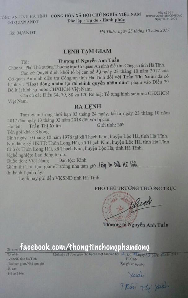 Tống đạt Quyết định khởi tố bị can, Lệnh tạm giam đối với Trần Thị Xuân