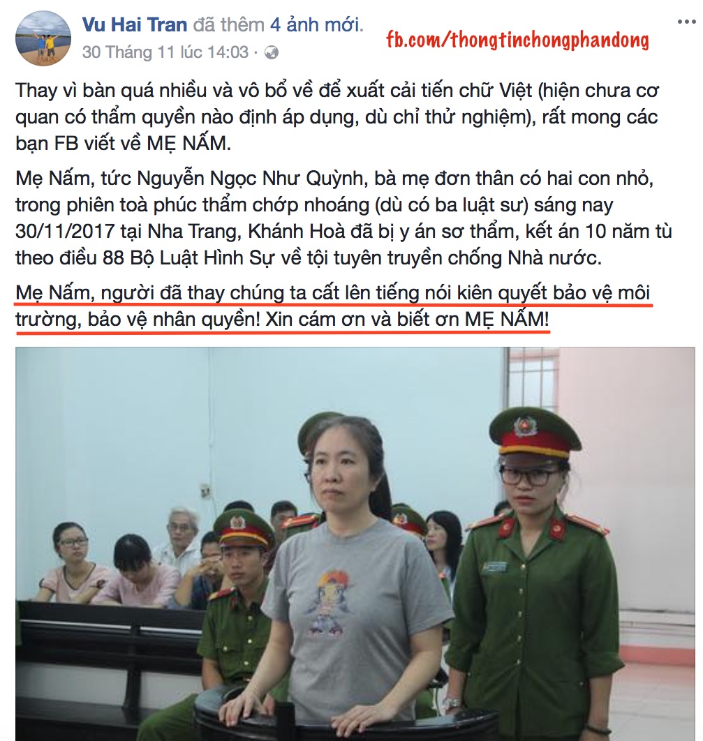 Luật sư Trần Vũ Hải cố tình cổ vũ cho tù nhân phản Quốc Nguyễn Ngọc Như Quỳnh