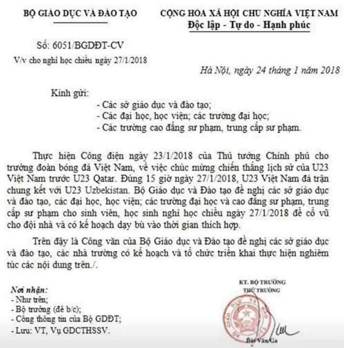 Bộ Giáo dục bị làm giả công văn cho học sinh nghỉ xem U23 Việt Nam