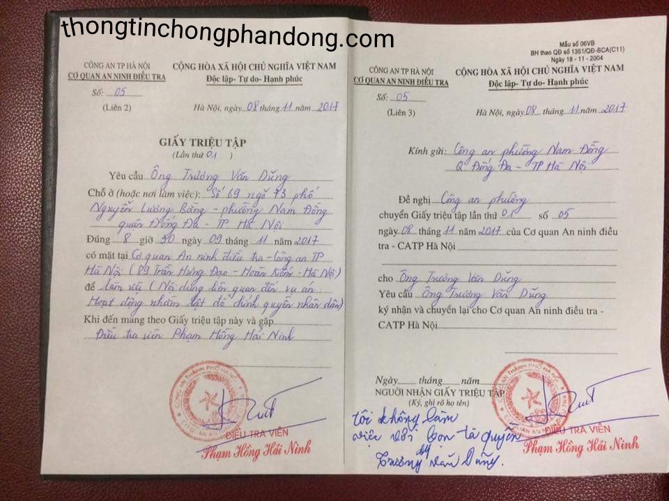 Công an Hà Nội vừa triệu tập Trương Văn Dũng liên quan đến hoạt động nhằm lật đổ chính quyền nhân dân