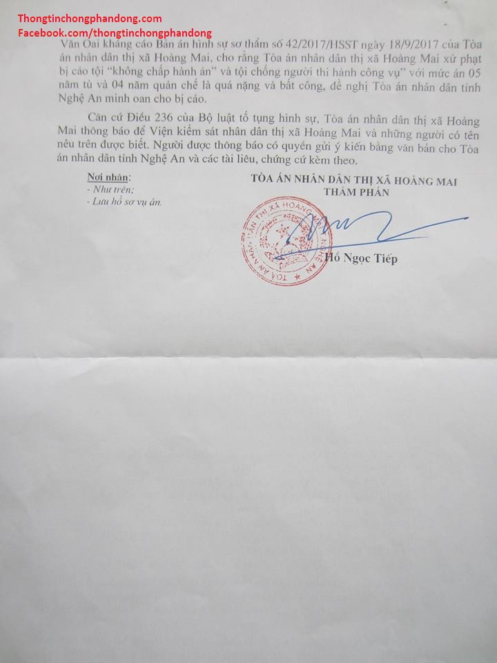 Nguyễn Văn Oai vẫn chưa biết hối cải, tiếp tục có đơn kháng cáo.