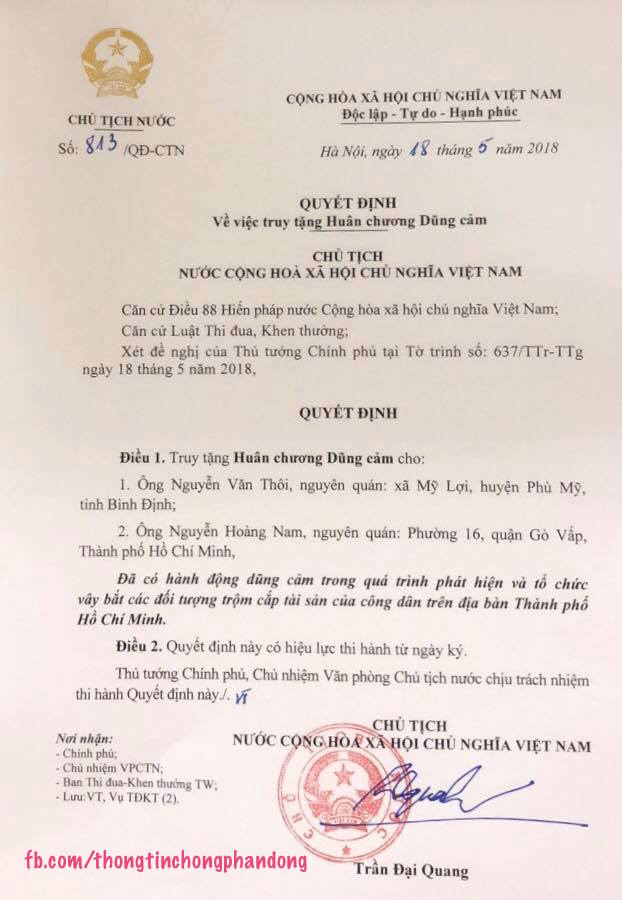 Chủ tịch nước truy tặng, tặng thưởng Huân chương dũng cảm cho các 