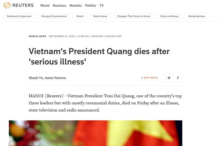 Hàng loạt báo chí thế giới đưa tin Chủ tịch nước Trần Đại Quang qua đời