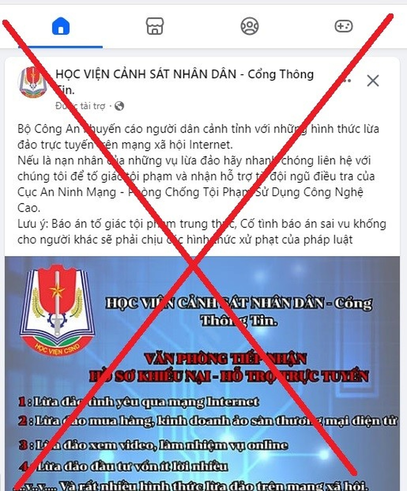 Giả mạo Fanpage của Học viện Cảnh sát nhân dân để lừa đảo